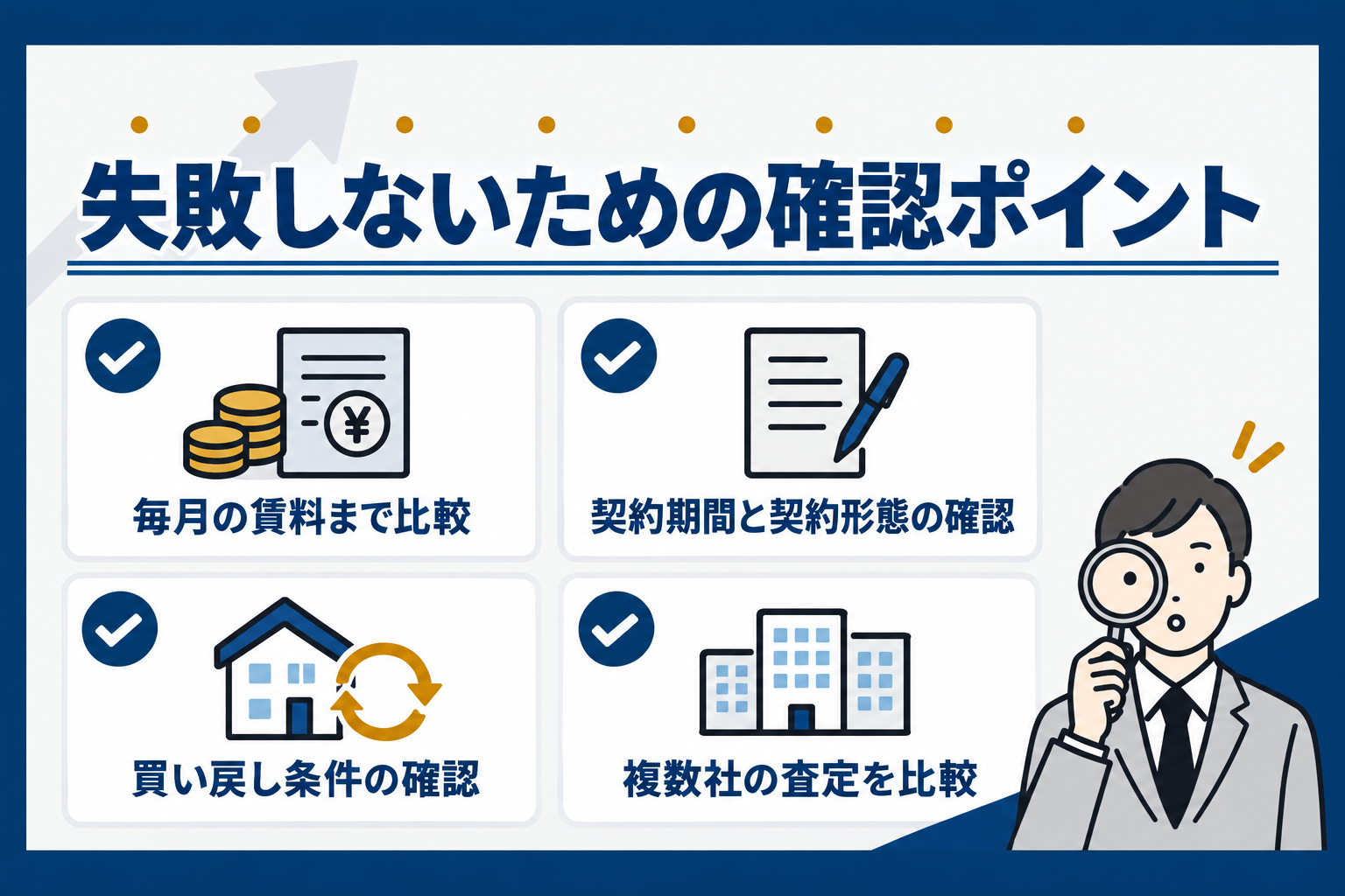 リースバックで失敗しないための確認ポイント：毎月の賃料まで比較、契約期間と契約形態の確認、買い戻し条件の確認、複数社の査定を比較