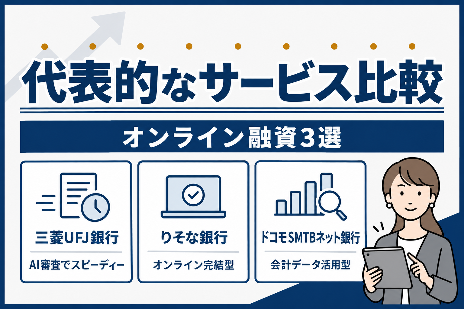 代表的なオンライン融資3選:三菱UFJ銀行はAI審査でスピーディー、りそな銀行はオンライン完結型、ドコモSMTBネット銀行は会計データ活用型