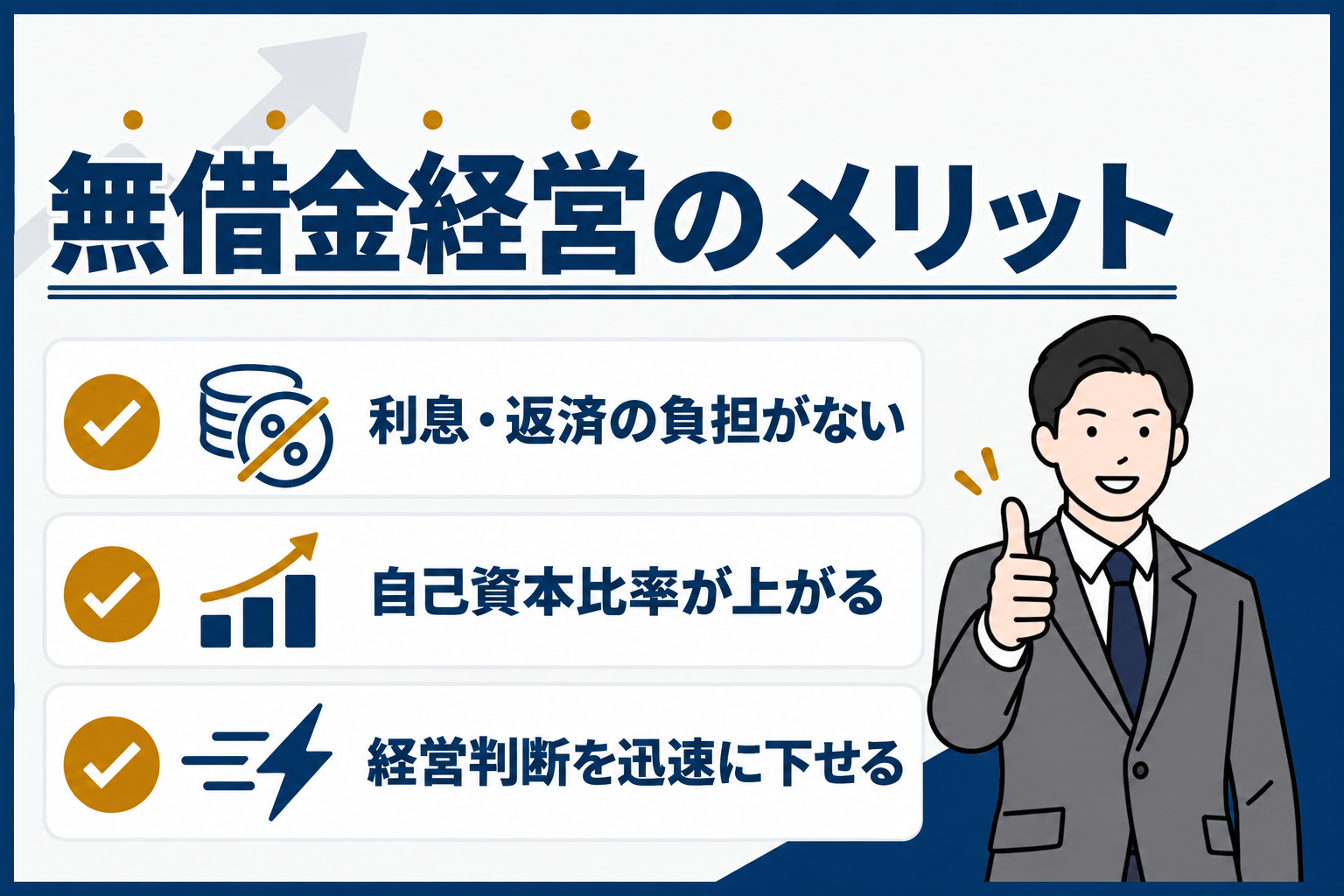 無借金経営のメリット:利息・返済の負担がない、自己資本比率が上がる、経営判断を迅速に下せる