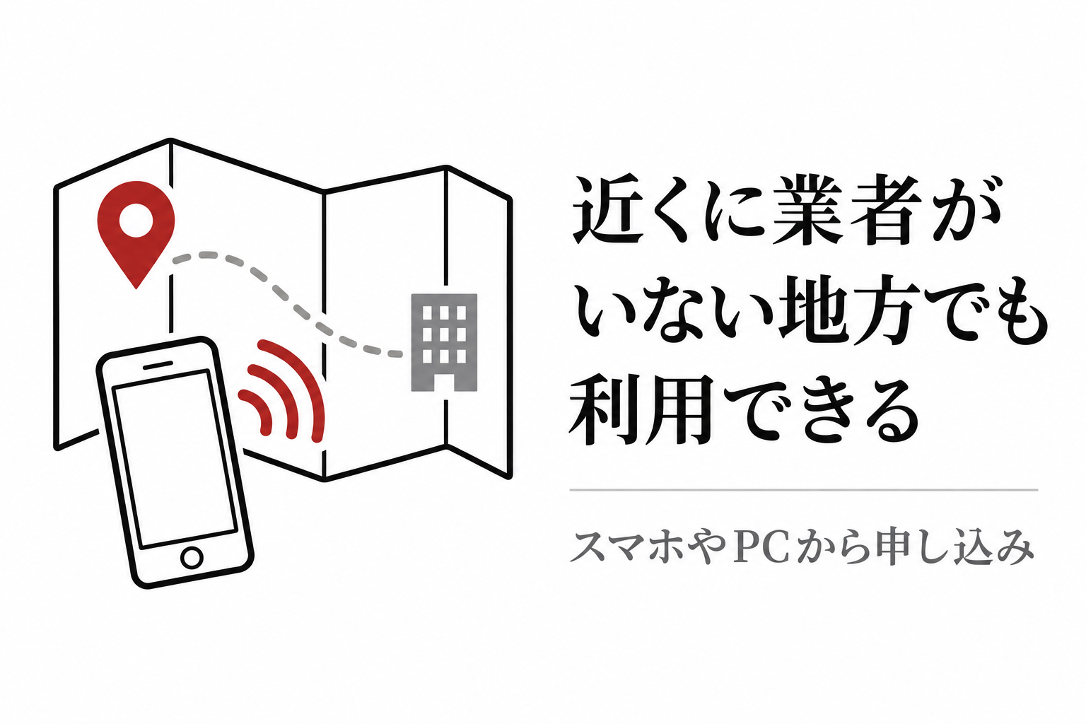 地図とスマートフォンのイラスト。近くに業者がいない地方でもスマホやPCから申し込める