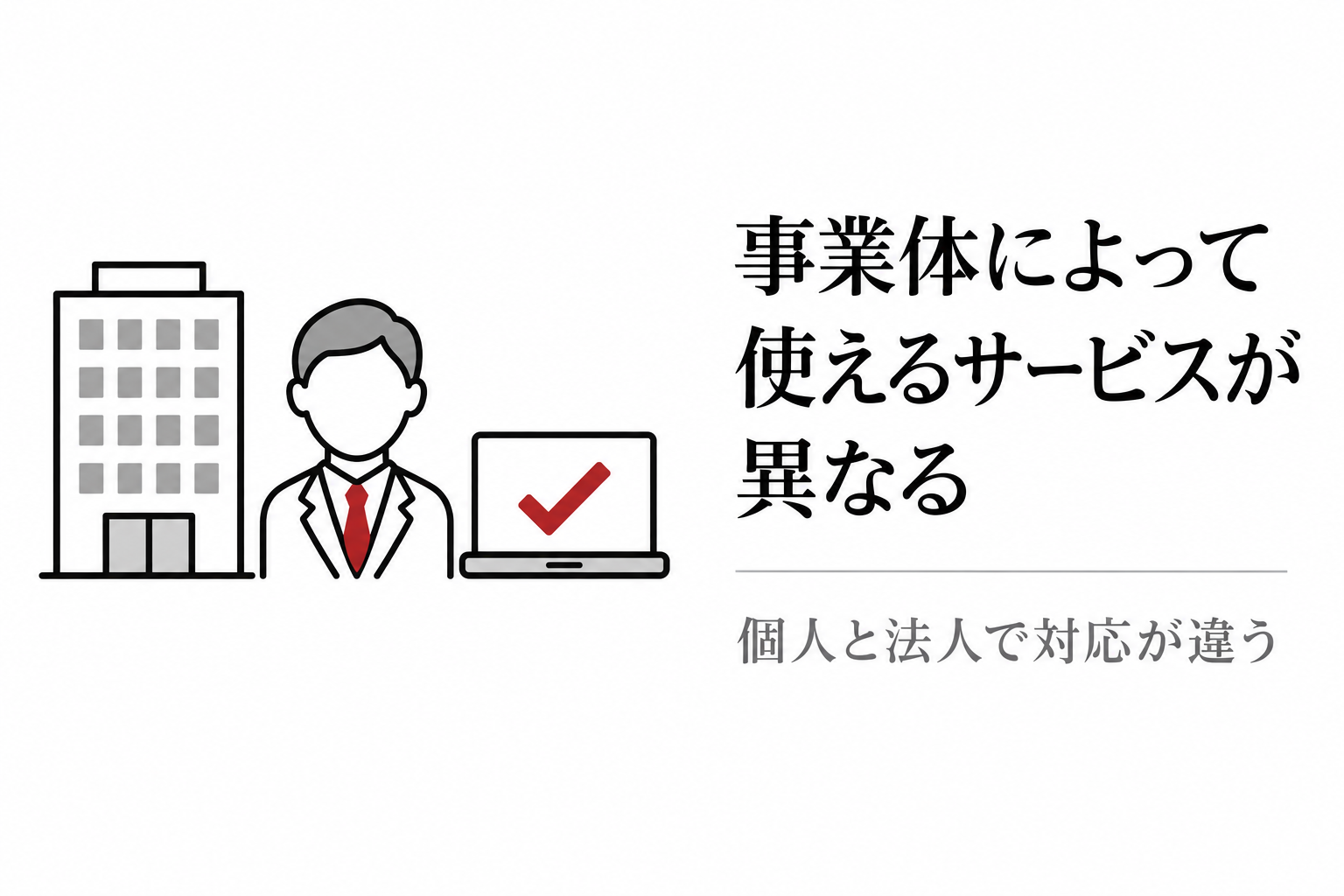 建物・人物・パソコンのイラスト。個人と法人など事業体によって使えるサービスが異なることを示す