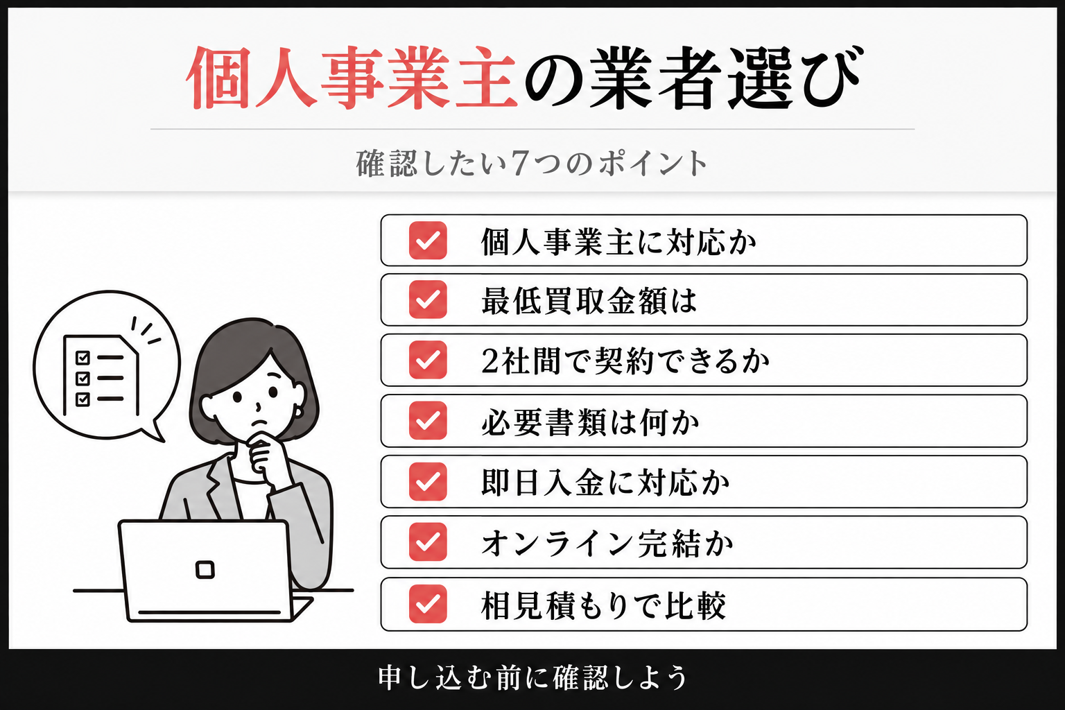 個人事業主のファクタリング業者選びで確認したい7つのポイント。対応可否、最低買取金額、2社間契約、必要書類、即日入金、オンライン完結、相見積もりのチェックリスト