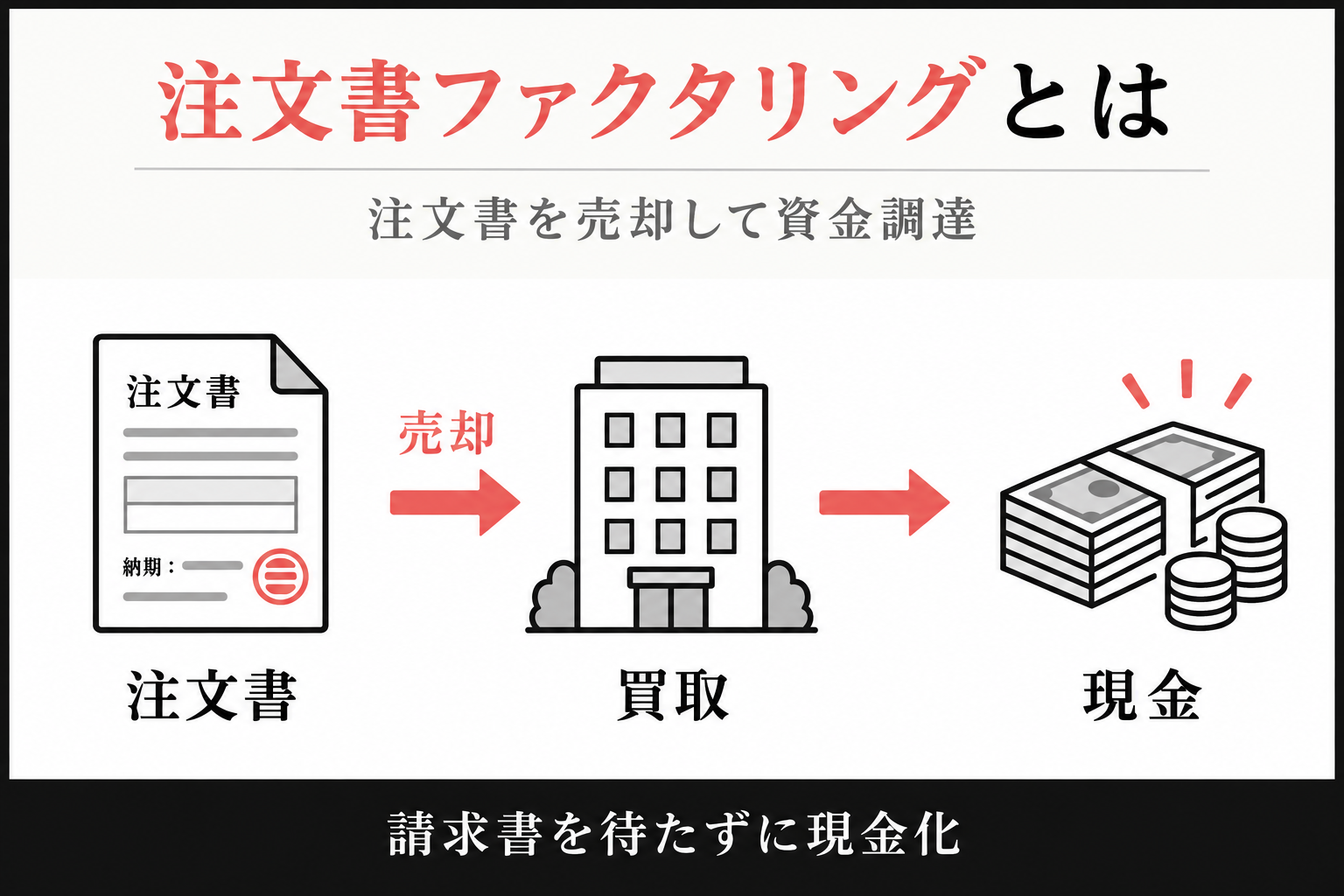 注文書ファクタリングとは、注文書を売却して現金化する仕組みの図解