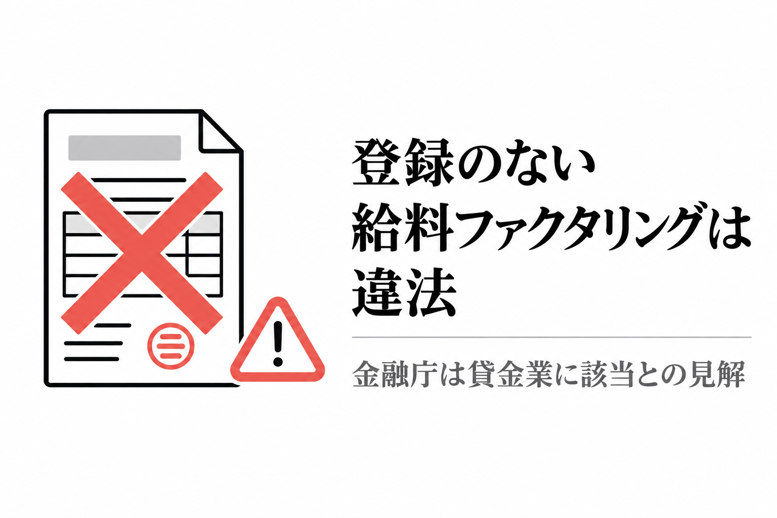 貸金業登録のない給料ファクタリングは違法であることを示す、書類にバツ印と警告マークの図