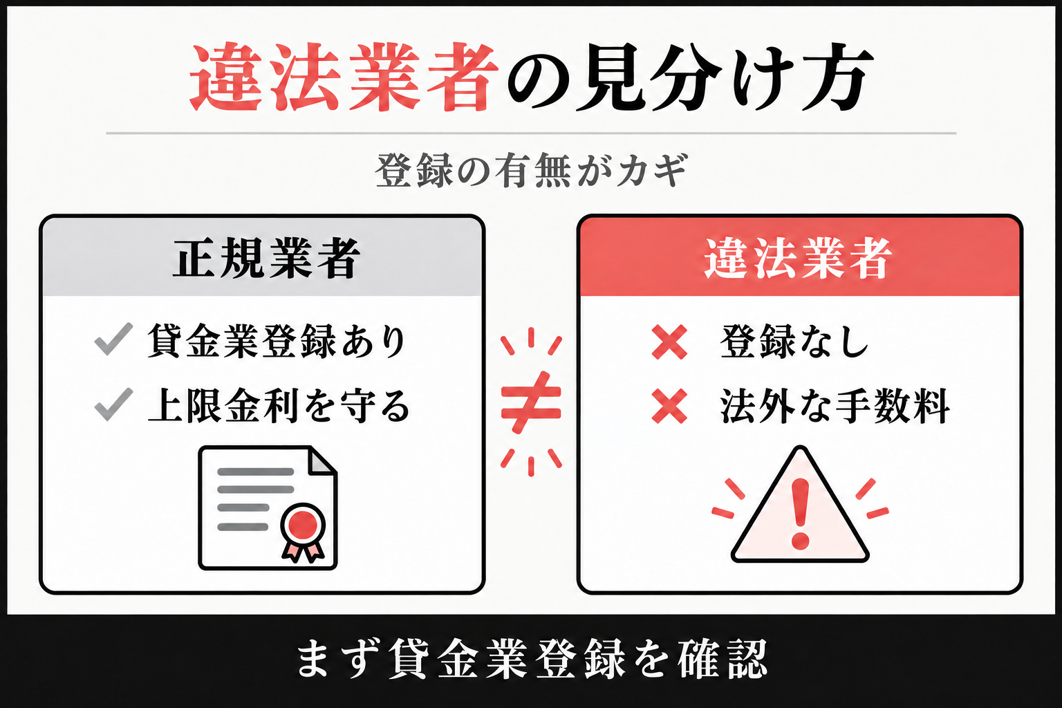 貸金業登録の有無で正規業者と違法業者を見分けることを示す比較図