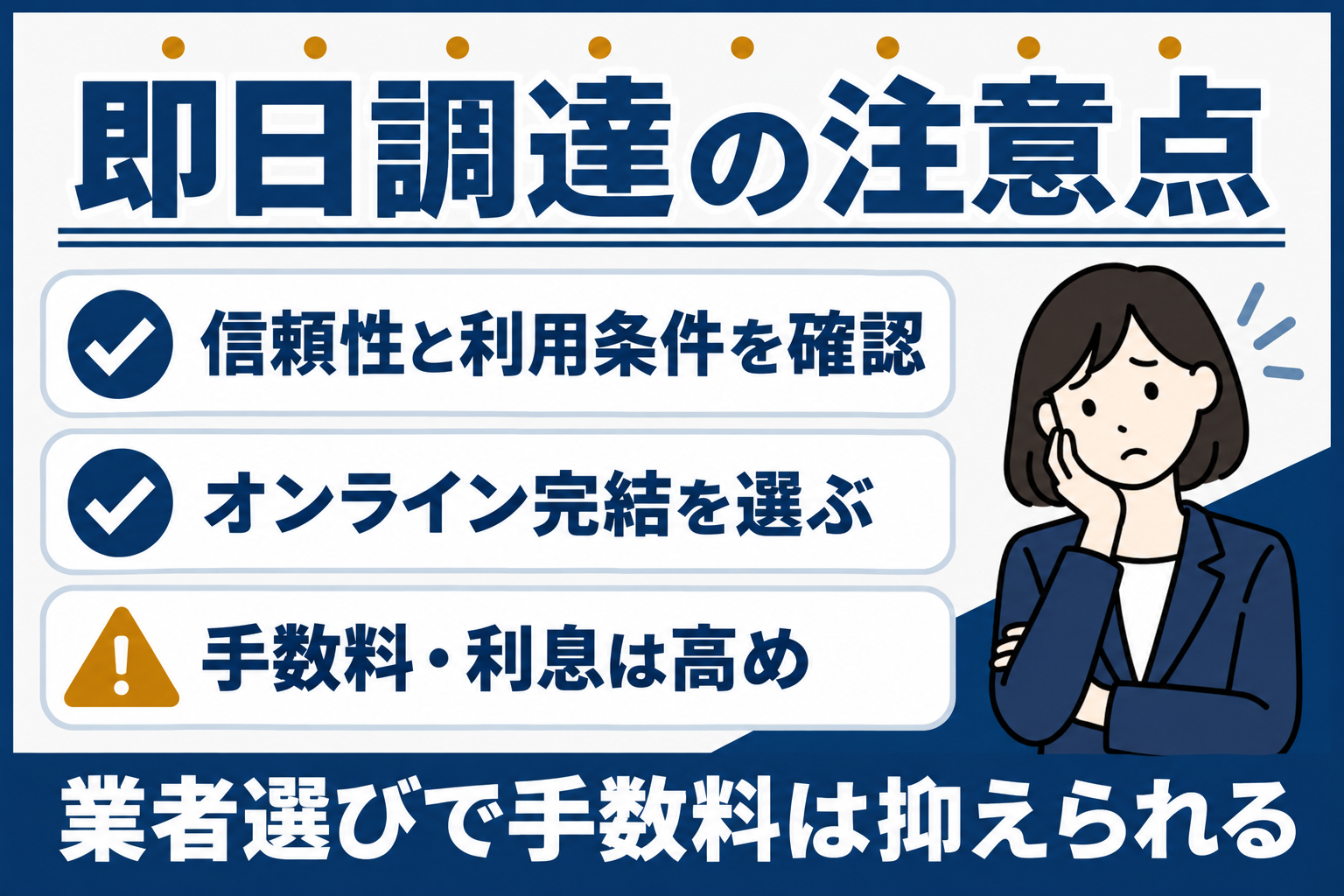 即日資金調達の注意点(信頼性の確認・オンライン完結・手数料が高め)の図解