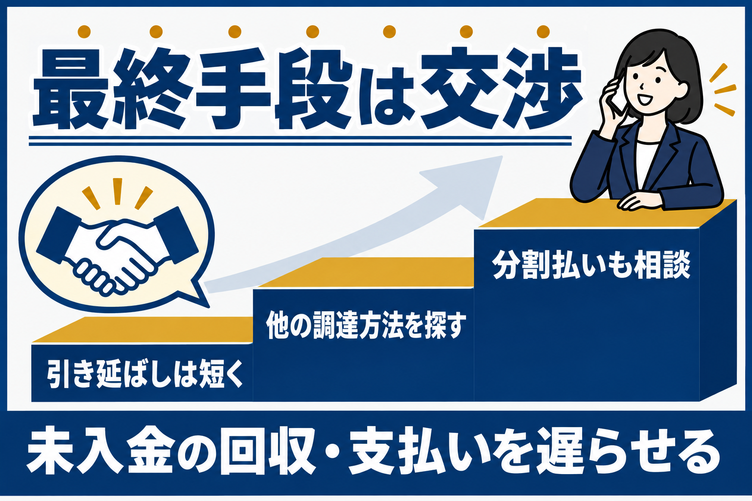 未入金の回収や支払いを遅らせる交渉で、引き延ばしは短く・他の方法を探す・分割払いも相談する図解
