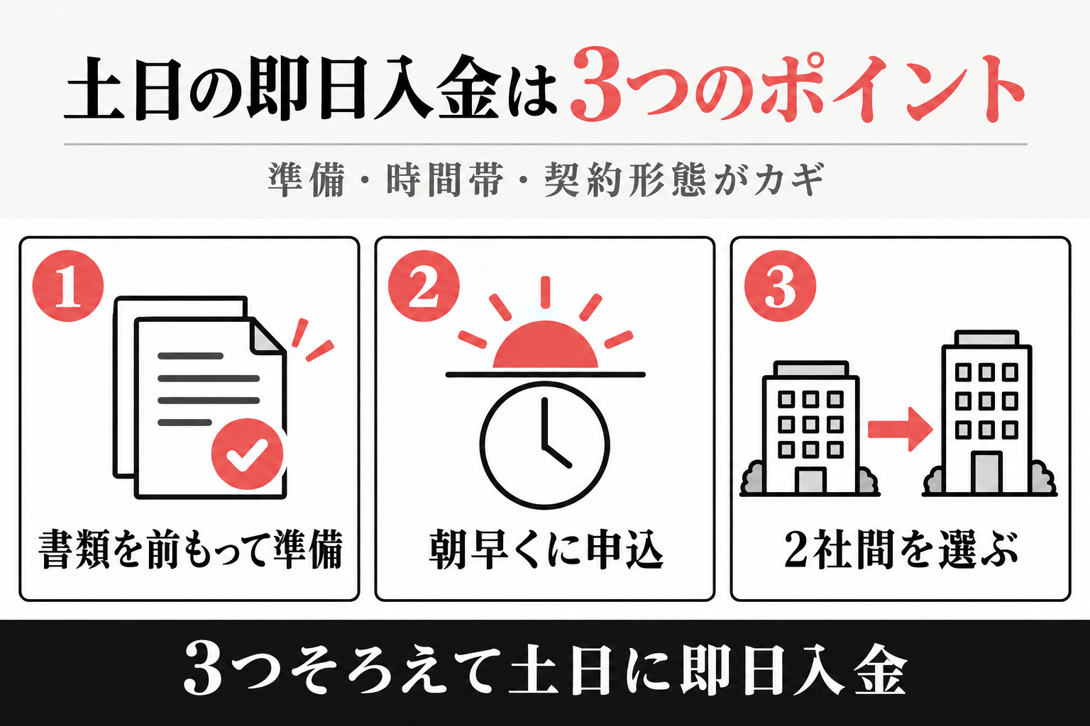 土日の即日入金は、書類を前もって準備・朝早くに申込・2社間を選ぶの3つのポイント