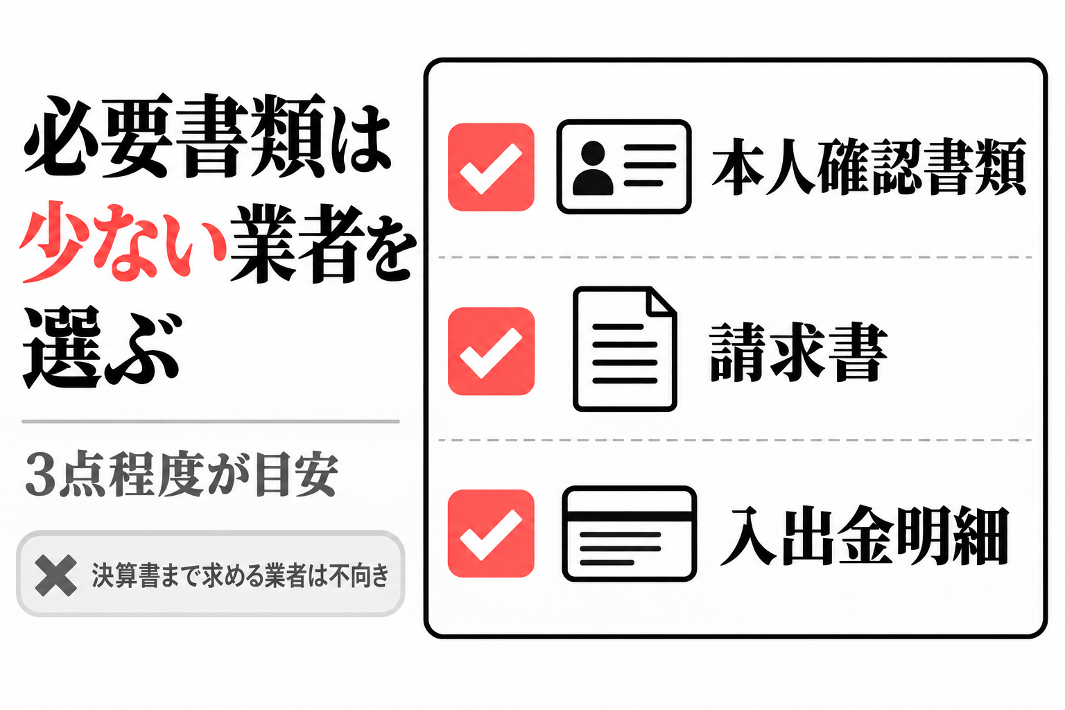 必要書類は少ない業者を選ぶ。本人確認書類・請求書・入出金明細の3点程度が目安