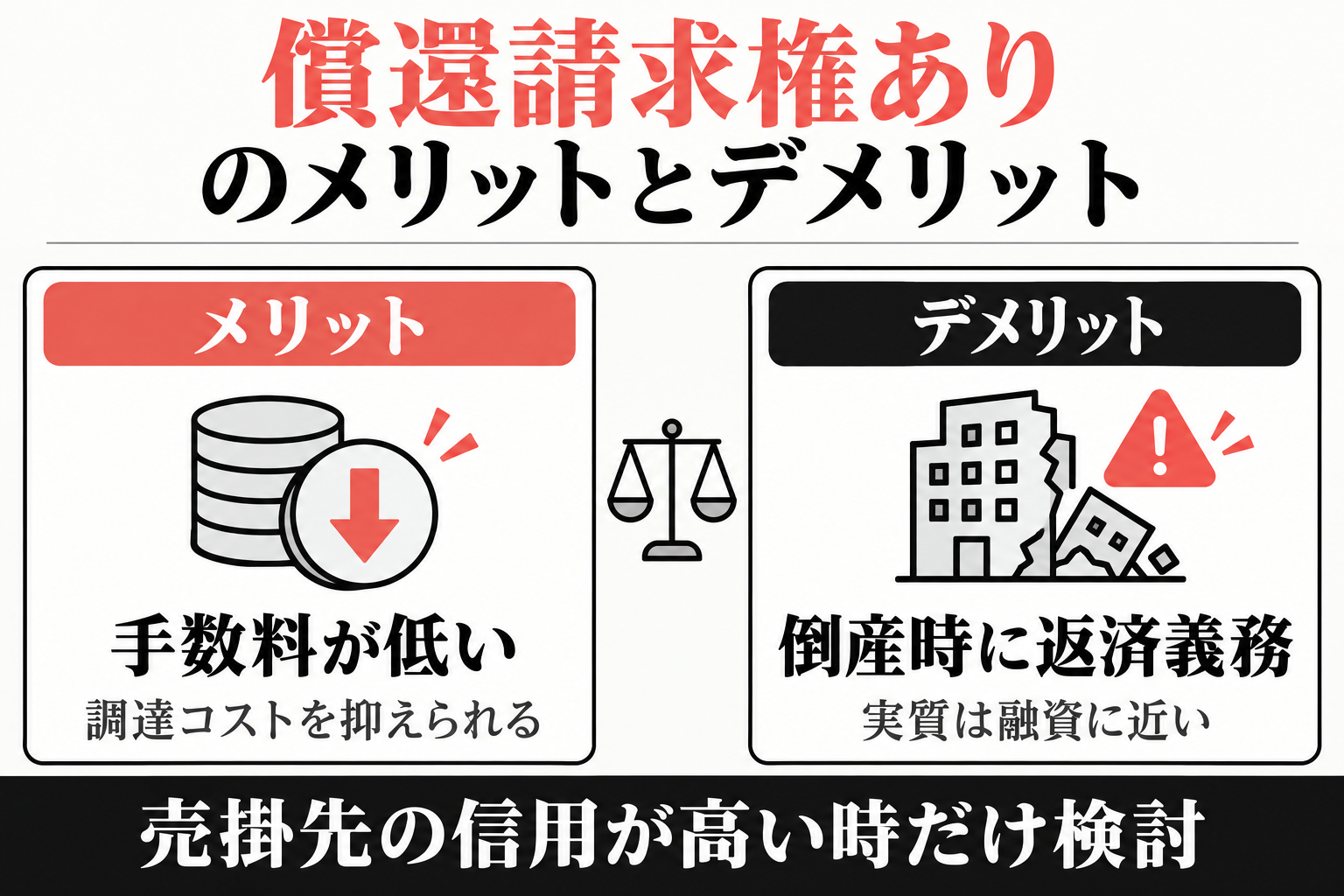償還請求権ありのメリットは手数料が低いこと、デメリットは倒産時に返済義務を負うこと。売掛先の信用が高い時だけ検討する