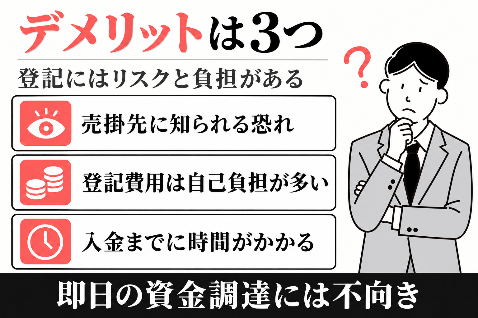 売掛先に知られる恐れ・登記費用の自己負担・入金に時間がかかる、の3つのデメリットの図解