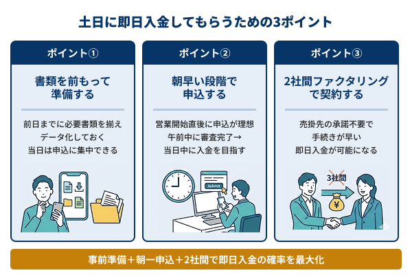 土日に即日入金してもらうためのポイント3つ